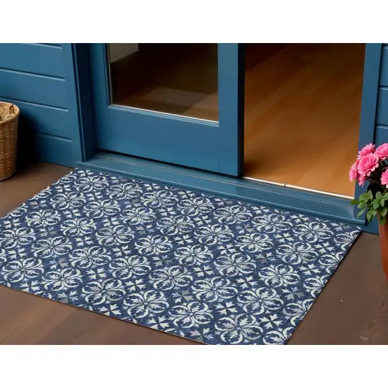 Navy Blue And Ivory Floral Washable Indoor Outdoor Area Rug Photo 1