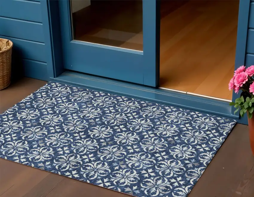 Navy Blue And Ivory Floral Washable Indoor Outdoor Area Rug Photo 1