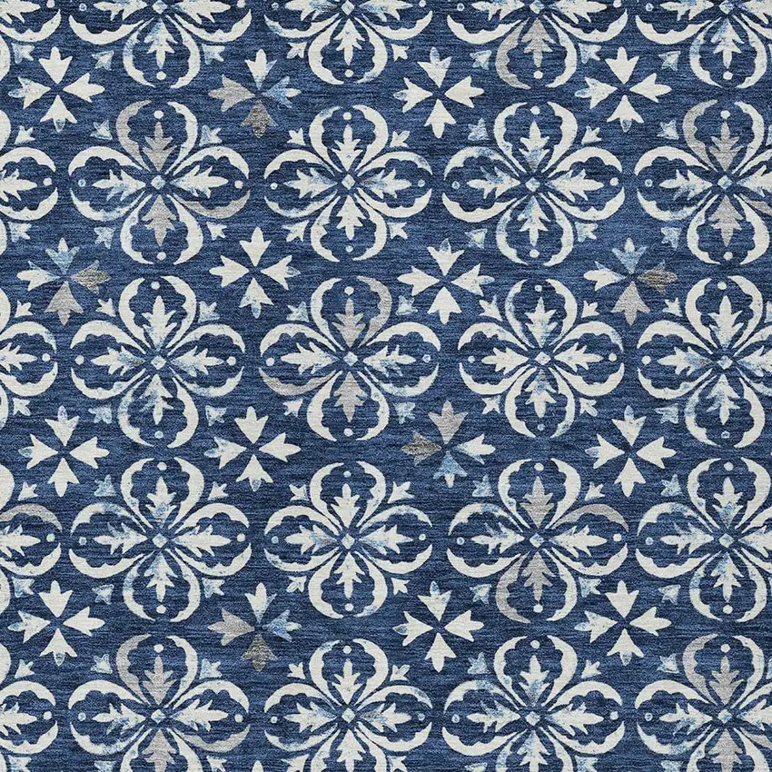 Navy Blue And Ivory Floral Washable Indoor Outdoor Area Rug Photo 5