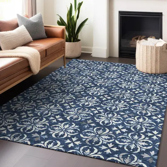Navy Blue And Ivory Floral Washable Indoor Outdoor Area Rug Photo 8