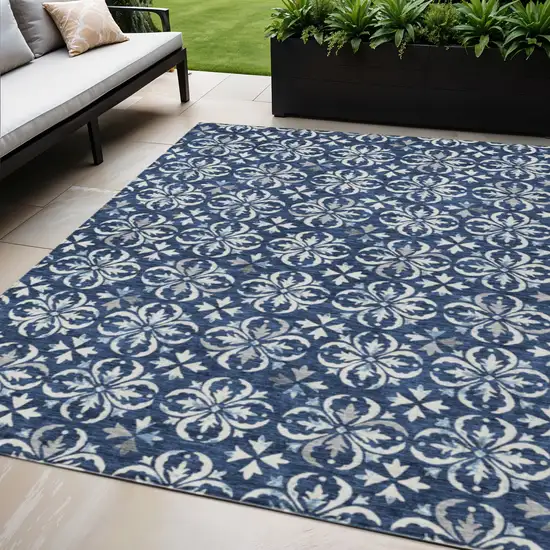 Navy Blue And Ivory Floral Washable Indoor Outdoor Area Rug Photo 1