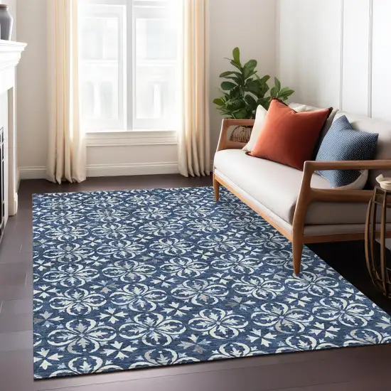 Navy Blue And Ivory Floral Washable Indoor Outdoor Area Rug Photo 9