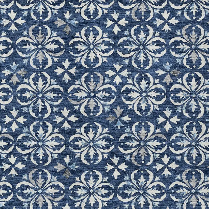 Navy Blue And Ivory Floral Washable Indoor Outdoor Area Rug Photo 5