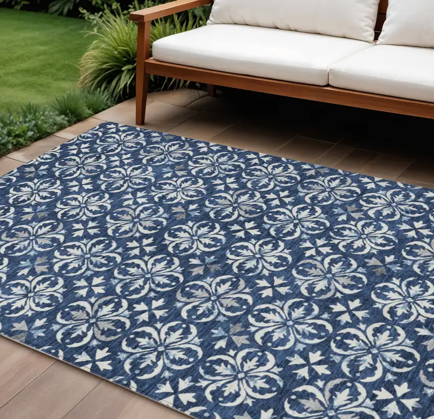 Navy Blue And Ivory Floral Washable Indoor Outdoor Area Rug Photo 1