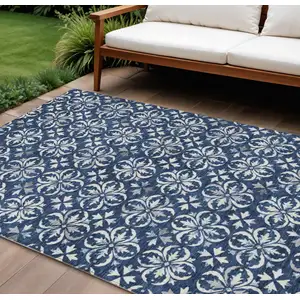 Photo of Navy Blue And Ivory Floral Washable Indoor Outdoor Area Rug