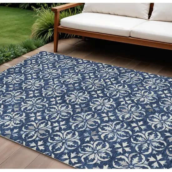 Navy Blue And Ivory Floral Washable Indoor Outdoor Area Rug Photo 1