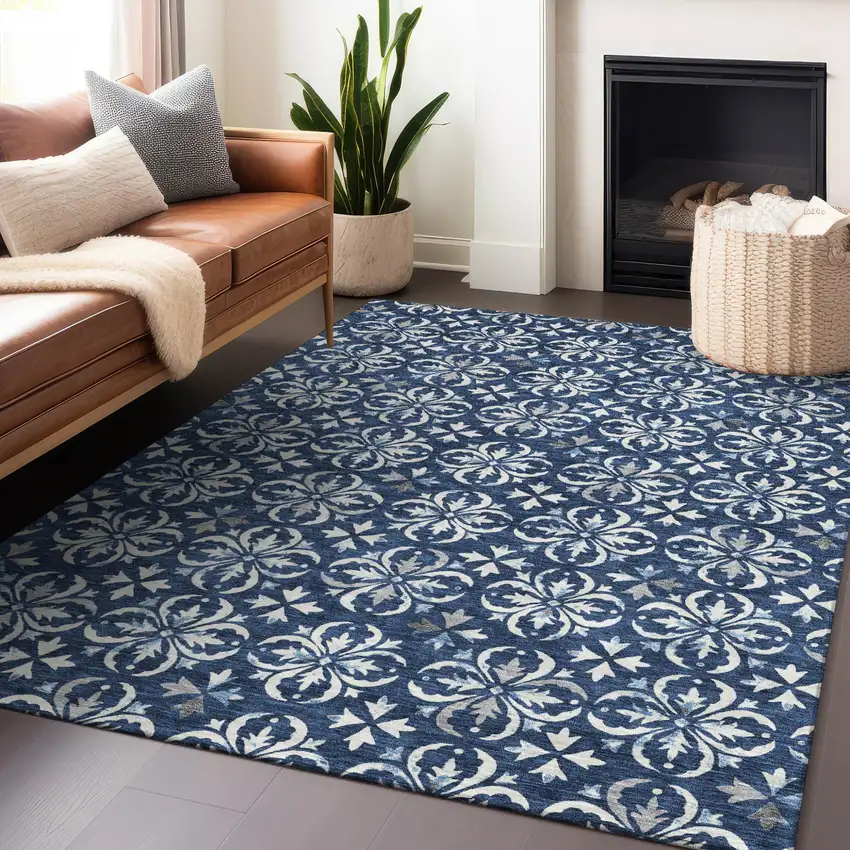 Navy Blue And Ivory Floral Washable Indoor Outdoor Area Rug Photo 8