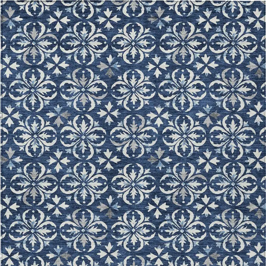 Navy Blue And Ivory Floral Washable Indoor Outdoor Area Rug Photo 6