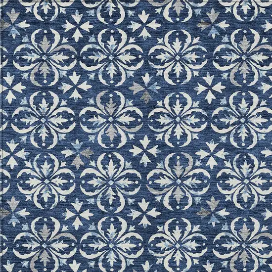 Navy Blue And Ivory Floral Washable Indoor Outdoor Area Rug Photo 5