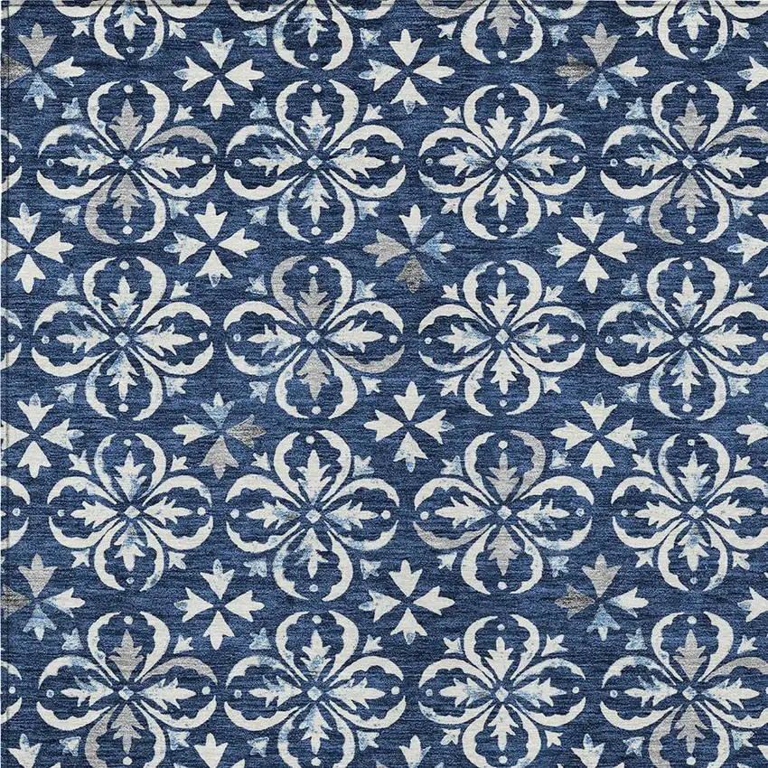 Navy Blue And Ivory Floral Washable Indoor Outdoor Area Rug Photo 5