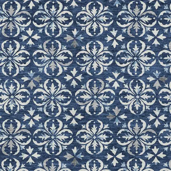 Navy Blue And Ivory Floral Washable Indoor Outdoor Area Rug Photo 5