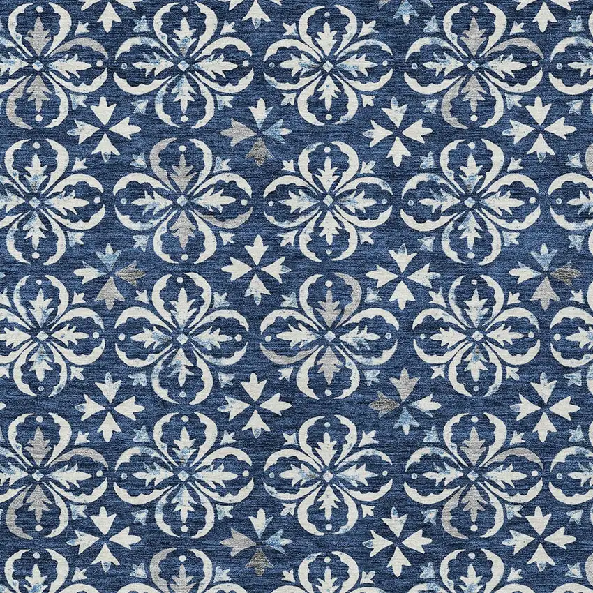 Navy Blue And Ivory Floral Washable Indoor Outdoor Area Rug Photo 5