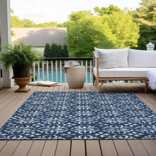 Navy Blue And Ivory Floral Washable Indoor Outdoor Area Rug Photo 9
