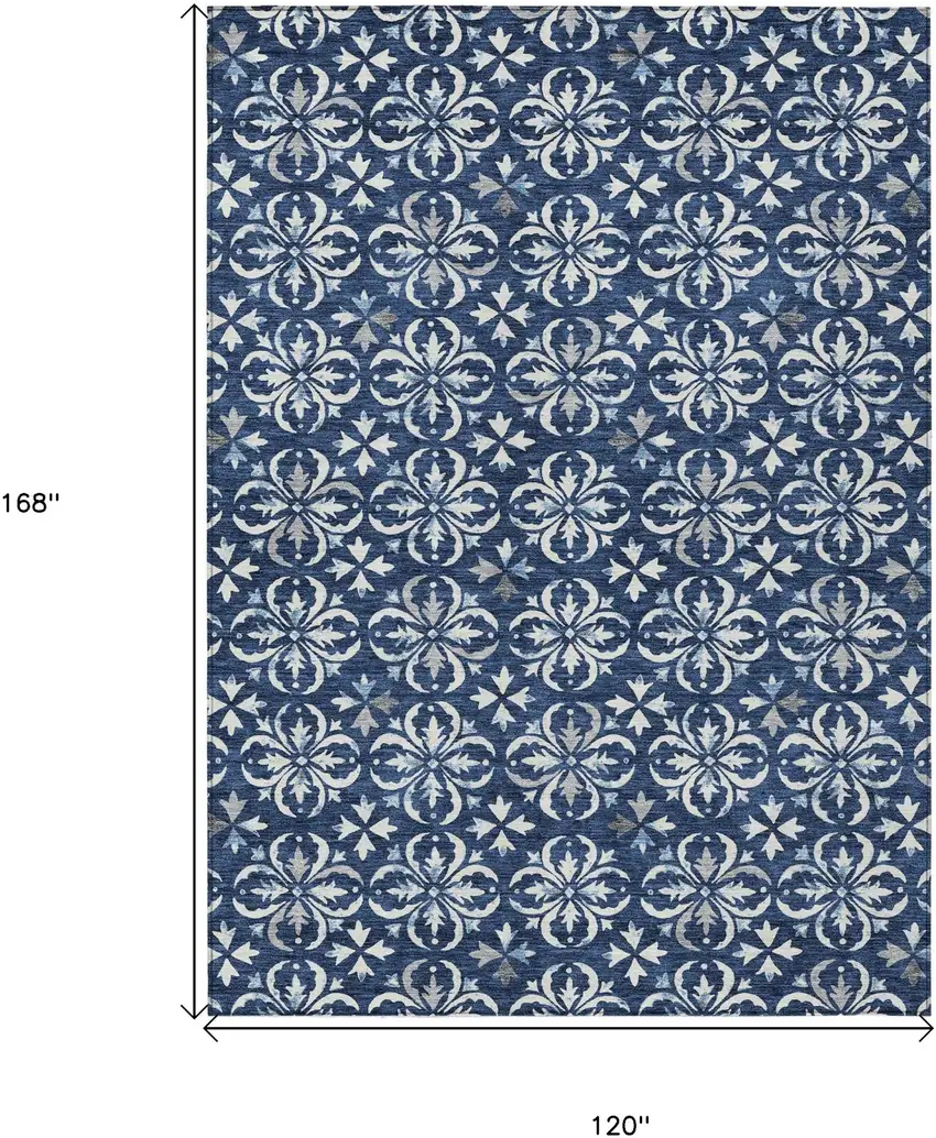 Navy Blue And Ivory Floral Washable Indoor Outdoor Area Rug Photo 3