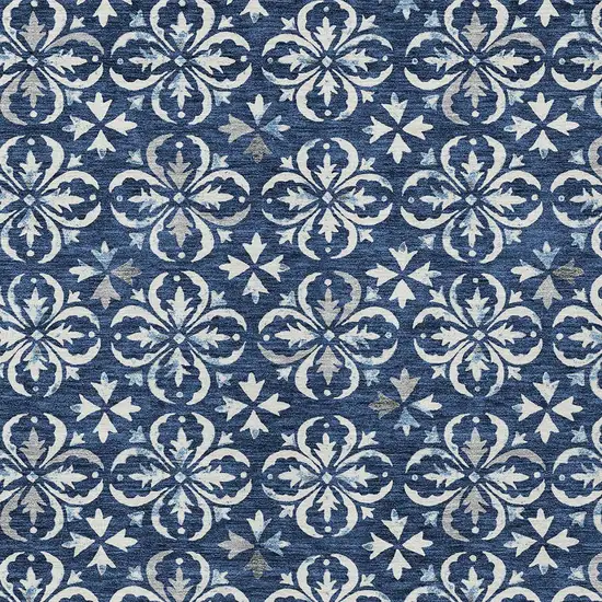 Navy Blue And Ivory Floral Washable Indoor Outdoor Area Rug Photo 5