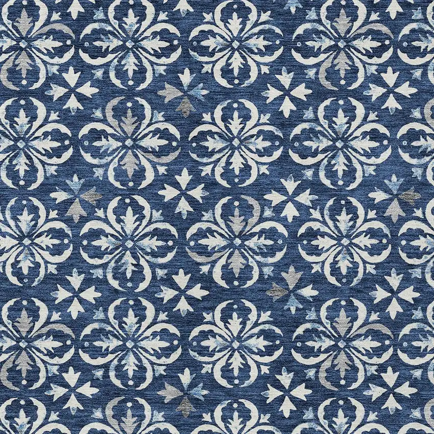 Navy Blue And Ivory Floral Washable Indoor Outdoor Area Rug Photo 5