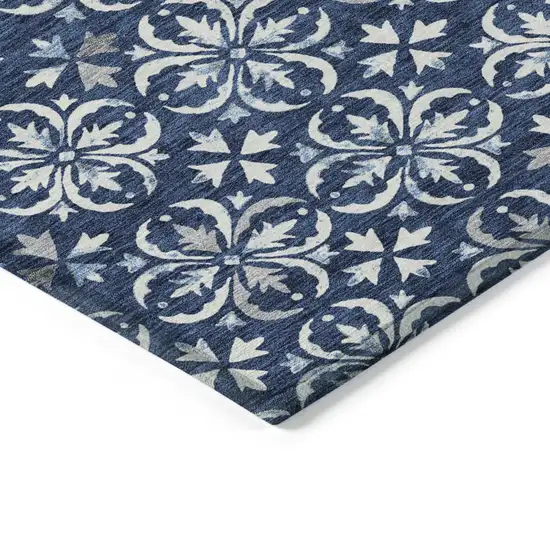 Navy Blue And Ivory Floral Washable Indoor Outdoor Area Rug Photo 4