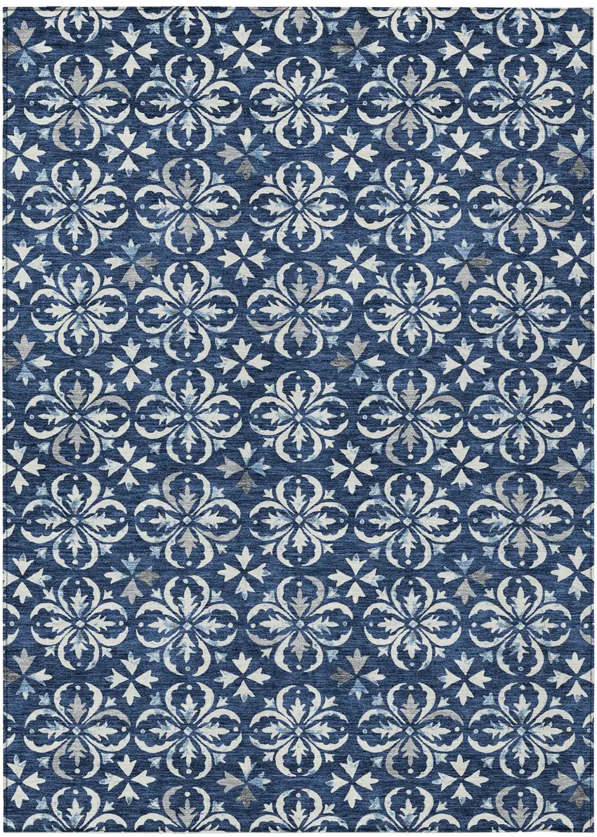 Navy Blue And Ivory Floral Washable Indoor Outdoor Area Rug Photo 2