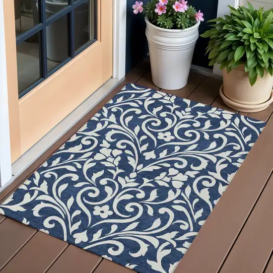 Navy Blue And Ivory Floral Washable Indoor Outdoor Area Rug Photo 1