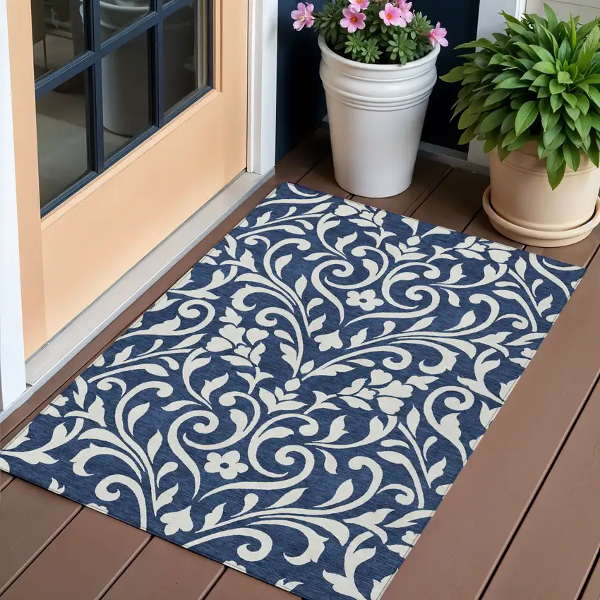 Navy Blue And Ivory Floral Washable Indoor Outdoor Area Rug Photo 1