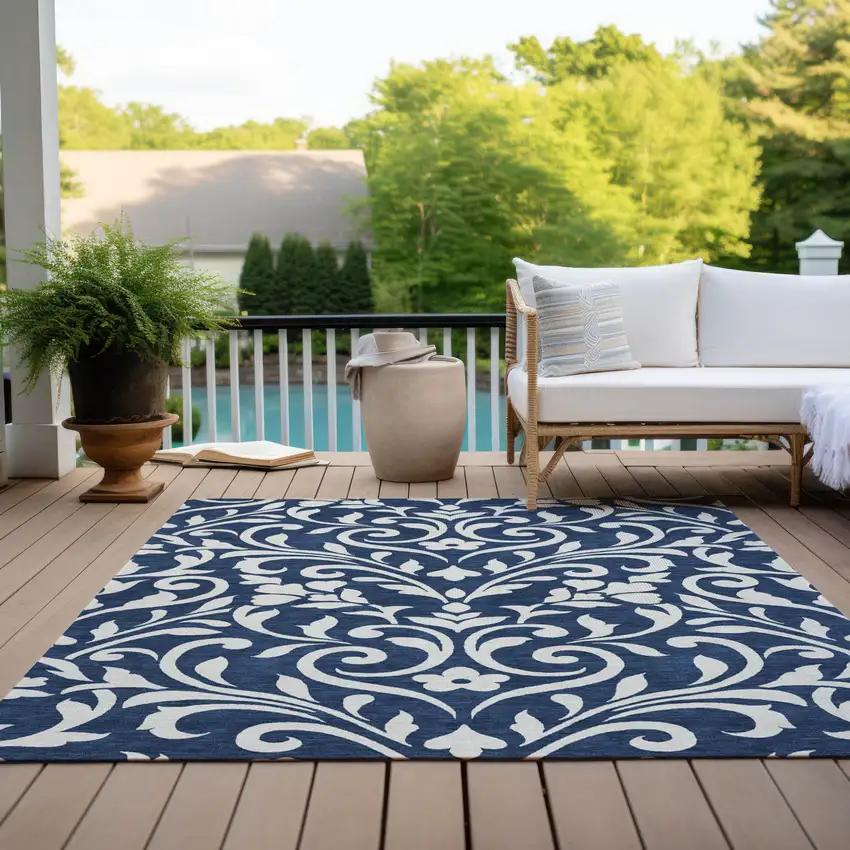 Navy Blue And Ivory Floral Washable Indoor Outdoor Area Rug Photo 9