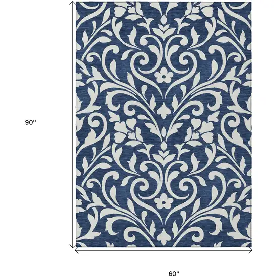 Navy Blue And Ivory Floral Washable Indoor Outdoor Area Rug Photo 3