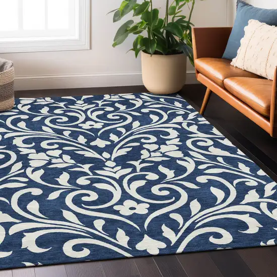 Navy Blue And Ivory Floral Washable Indoor Outdoor Area Rug Photo 8