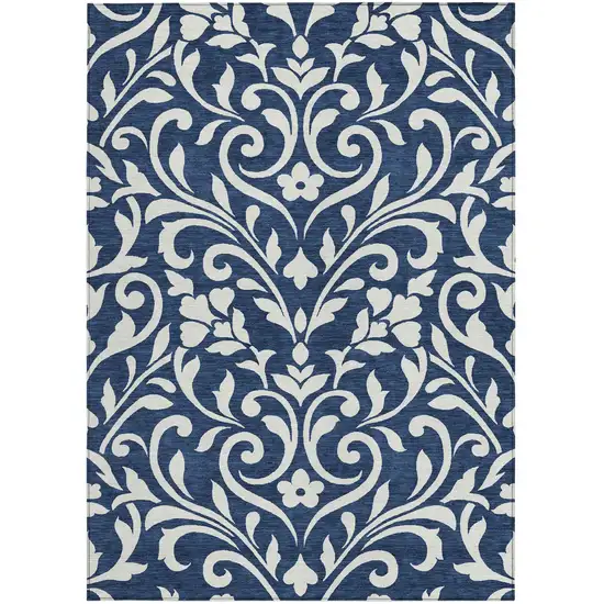 Navy Blue And Ivory Floral Washable Indoor Outdoor Area Rug Photo 6