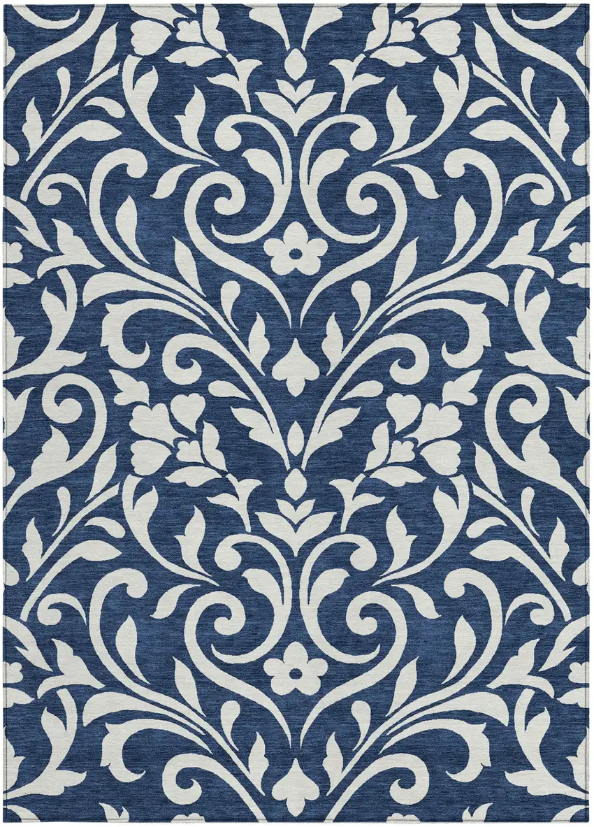 Navy Blue And Ivory Floral Washable Indoor Outdoor Area Rug Photo 6