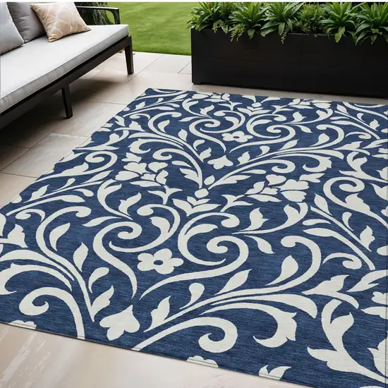Navy Blue And Ivory Floral Washable Indoor Outdoor Area Rug Photo 1
