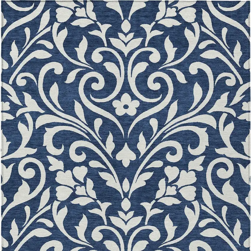 Navy Blue And Ivory Floral Washable Indoor Outdoor Area Rug Photo 7