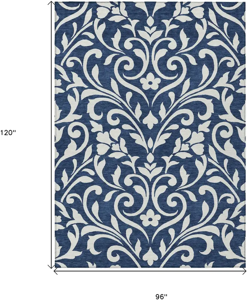Navy Blue And Ivory Floral Washable Indoor Outdoor Area Rug Photo 3