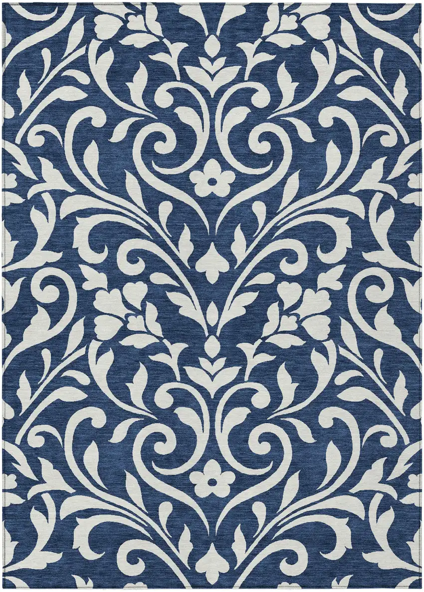 Navy Blue And Ivory Floral Washable Indoor Outdoor Area Rug Photo 2