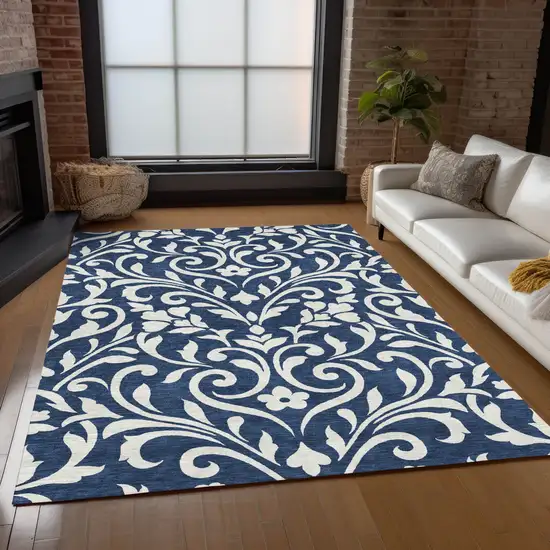 Navy Blue And Ivory Floral Washable Indoor Outdoor Area Rug Photo 9