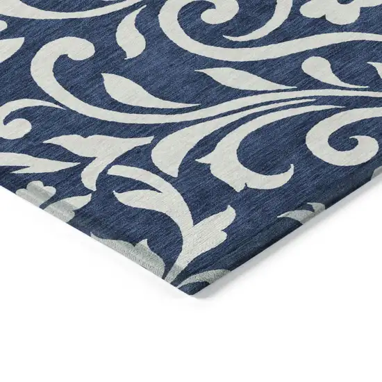 Navy Blue And Ivory Floral Washable Indoor Outdoor Area Rug Photo 5