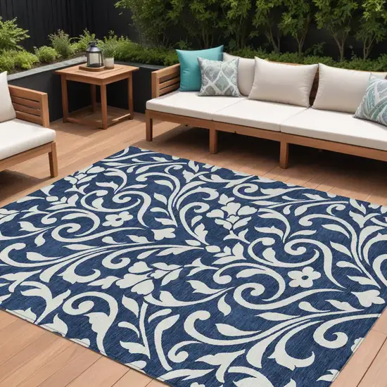 Navy Blue And Ivory Floral Washable Indoor Outdoor Area Rug Photo 1