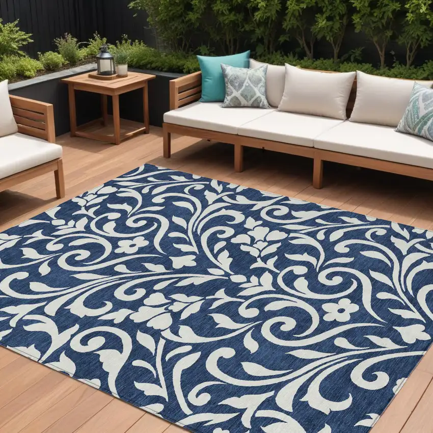 Navy Blue And Ivory Floral Washable Indoor Outdoor Area Rug Photo 1