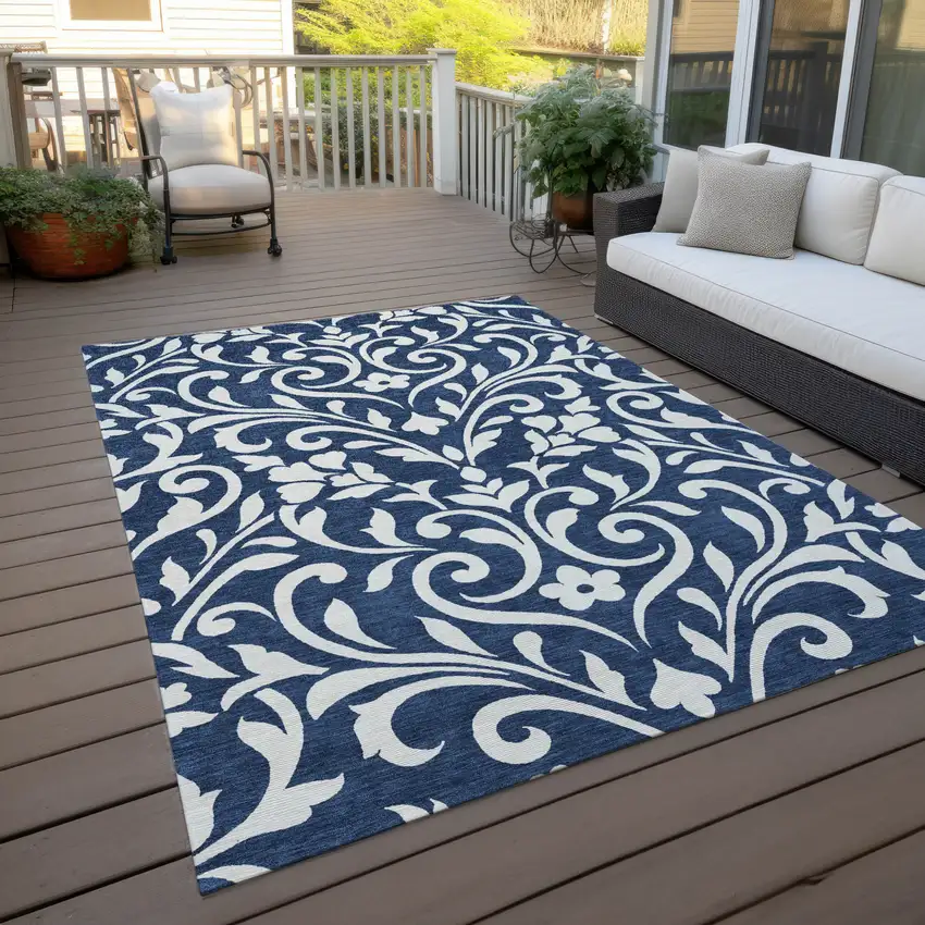 Navy Blue And Ivory Floral Washable Indoor Outdoor Area Rug Photo 8