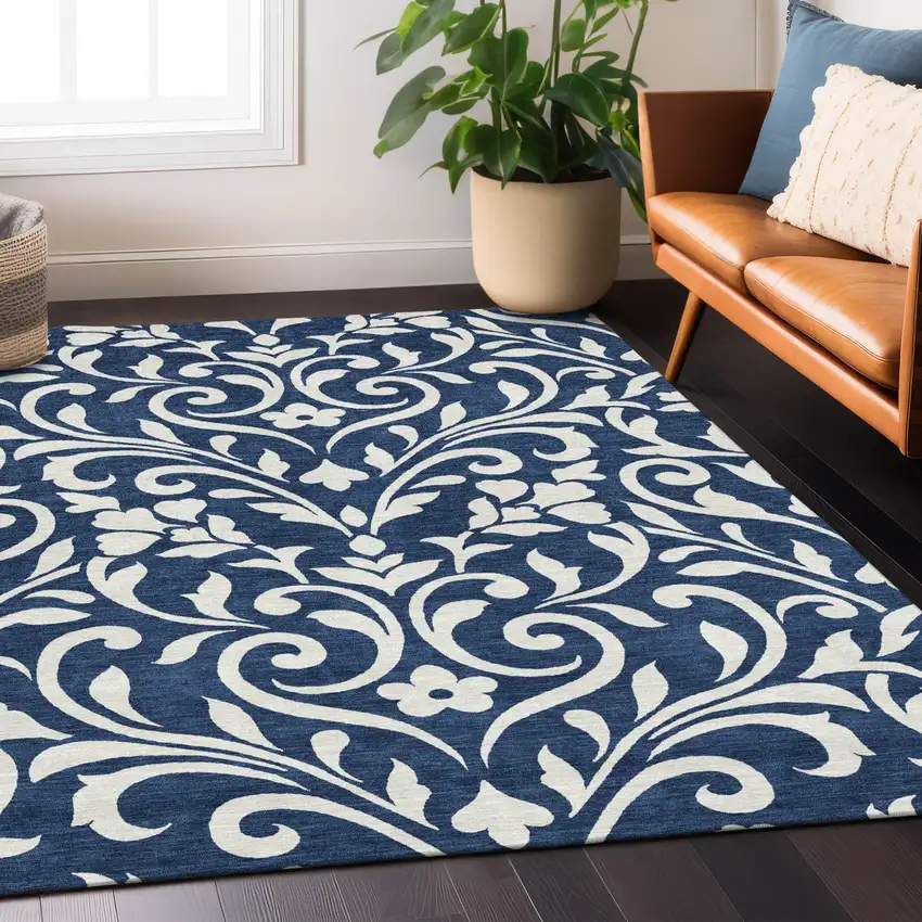 Navy Blue And Ivory Floral Washable Indoor Outdoor Area Rug Photo 9