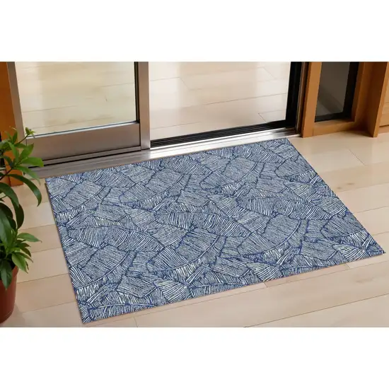 Navy Blue And Ivory Floral Washable Indoor Outdoor Area Rug Photo 1