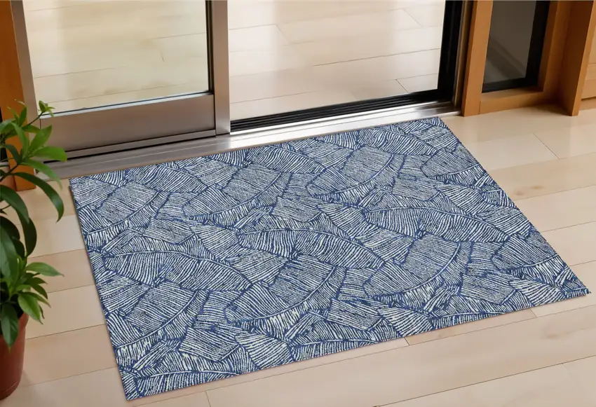 Navy Blue And Ivory Floral Washable Indoor Outdoor Area Rug Photo 1