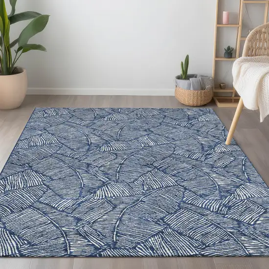 Navy Blue And Ivory Floral Washable Indoor Outdoor Area Rug Photo 9