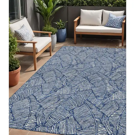 Navy Blue And Ivory Floral Washable Indoor Outdoor Area Rug Photo 1