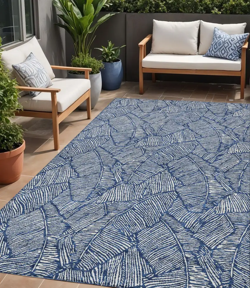 Navy Blue And Ivory Floral Washable Indoor Outdoor Area Rug Photo 1