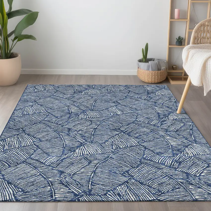 Navy Blue And Ivory Floral Washable Indoor Outdoor Area Rug Photo 9