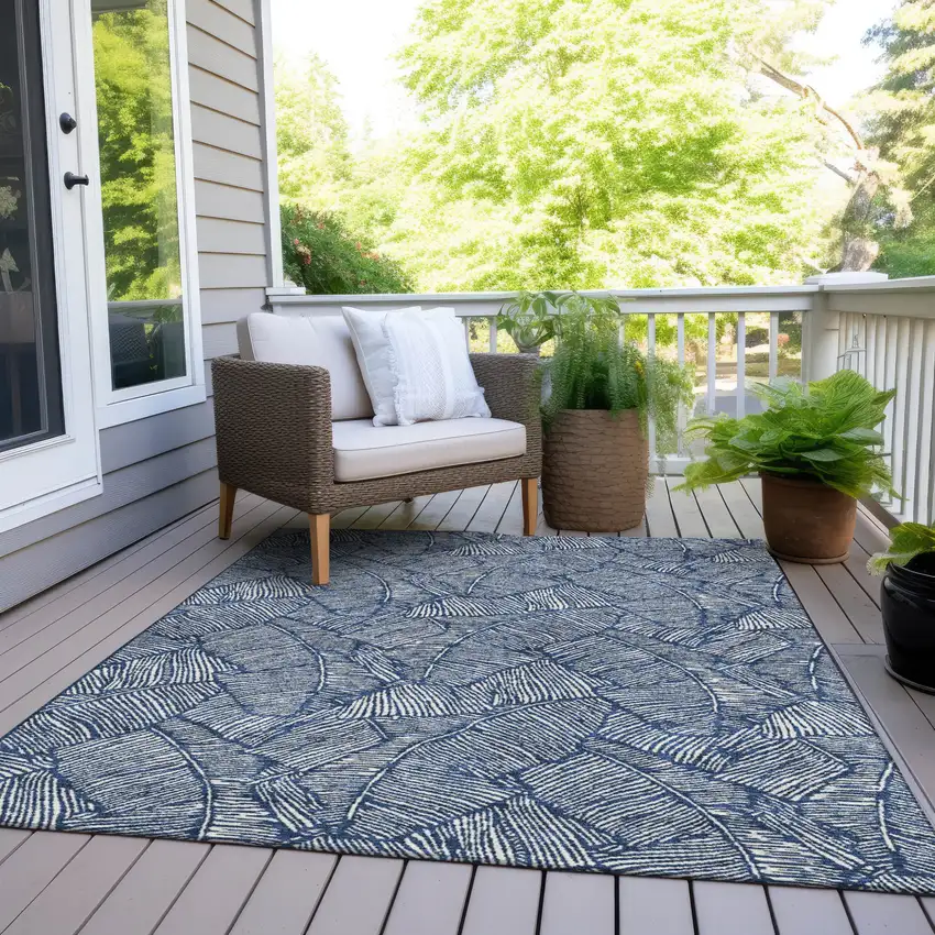 Navy Blue And Ivory Floral Washable Indoor Outdoor Area Rug Photo 9