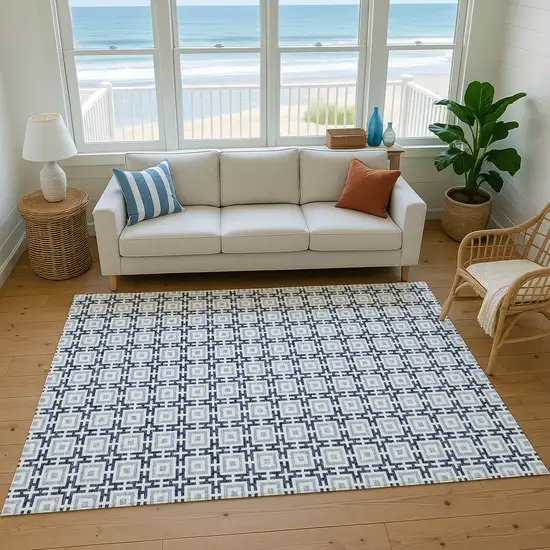 Navy Blue And Ivory Geometric Washable Area Rug With UV Protection Photo 7