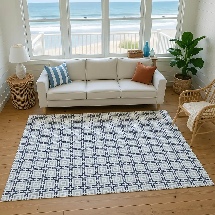 Navy Blue And Ivory Geometric Washable Area Rug With UV Protection Photo 7