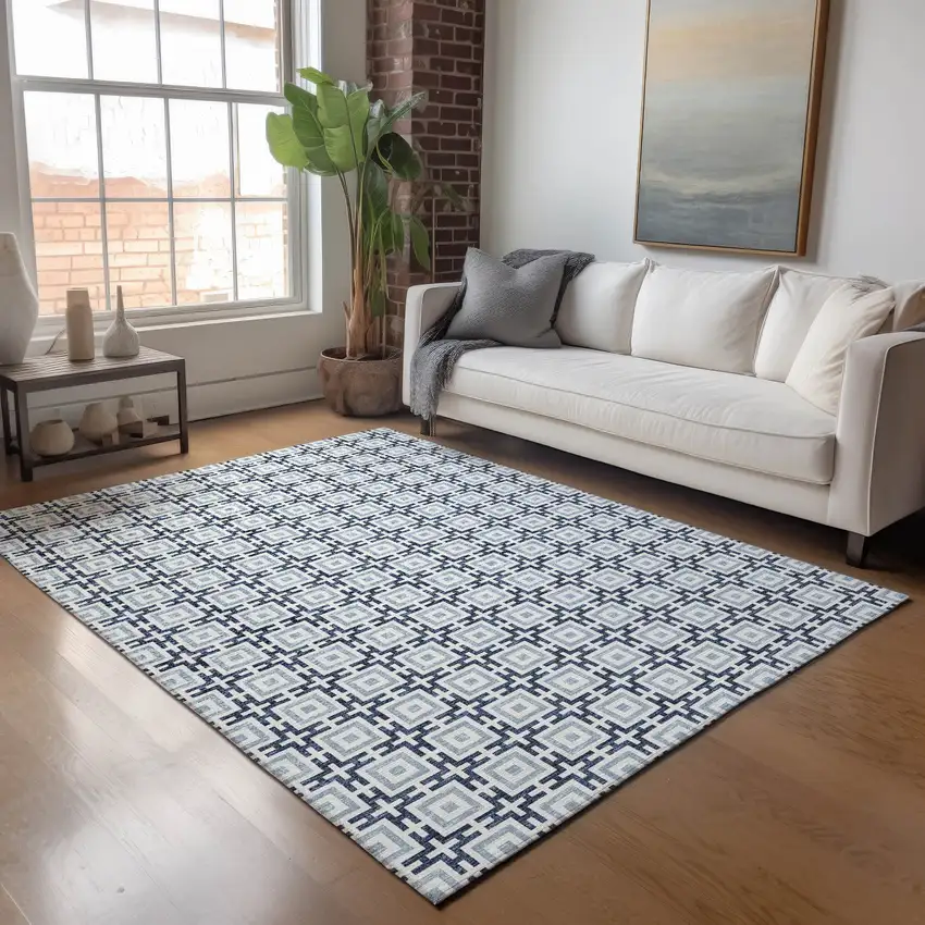 Navy Blue And Ivory Geometric Washable Area Rug With UV Protection Photo 6