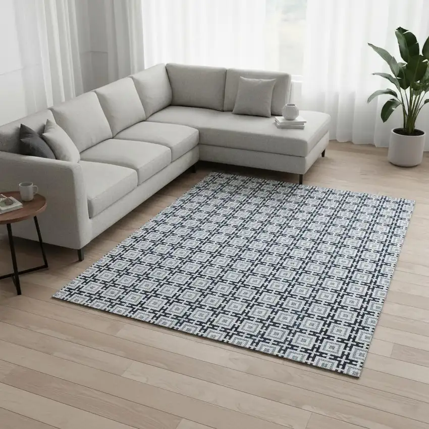 Navy Blue And Ivory Geometric Washable Area Rug With UV Protection Photo 1